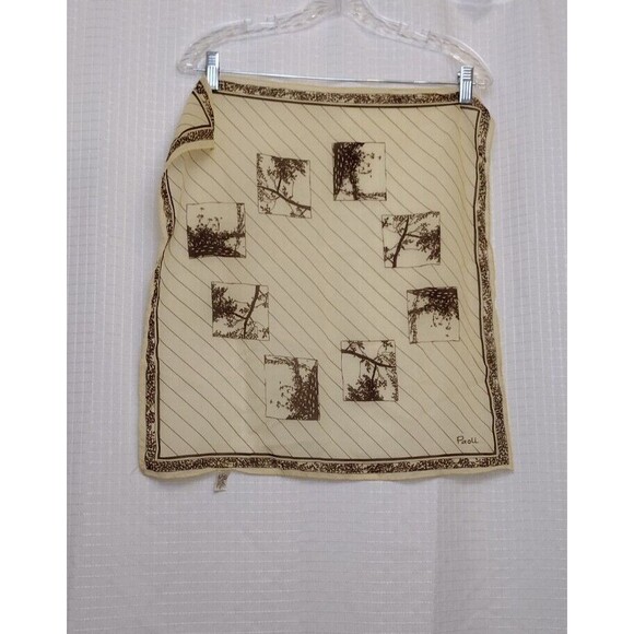 VTG Paoli Scarf Signed Trees Branches Brown Tan Retro Square 20.5"x20.5" - Picture 1 of 7